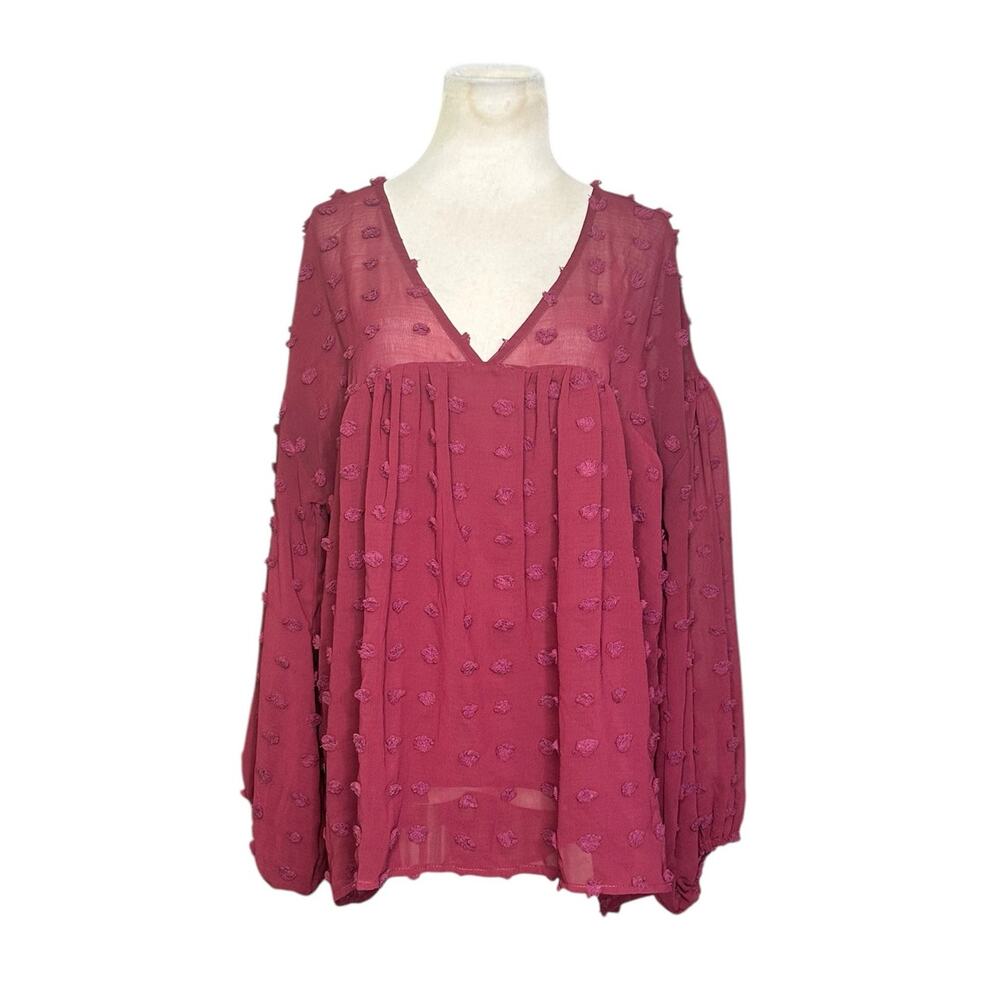 ENTRO Burgundy Swiss Dot Long Sleeves Tunic Size Large